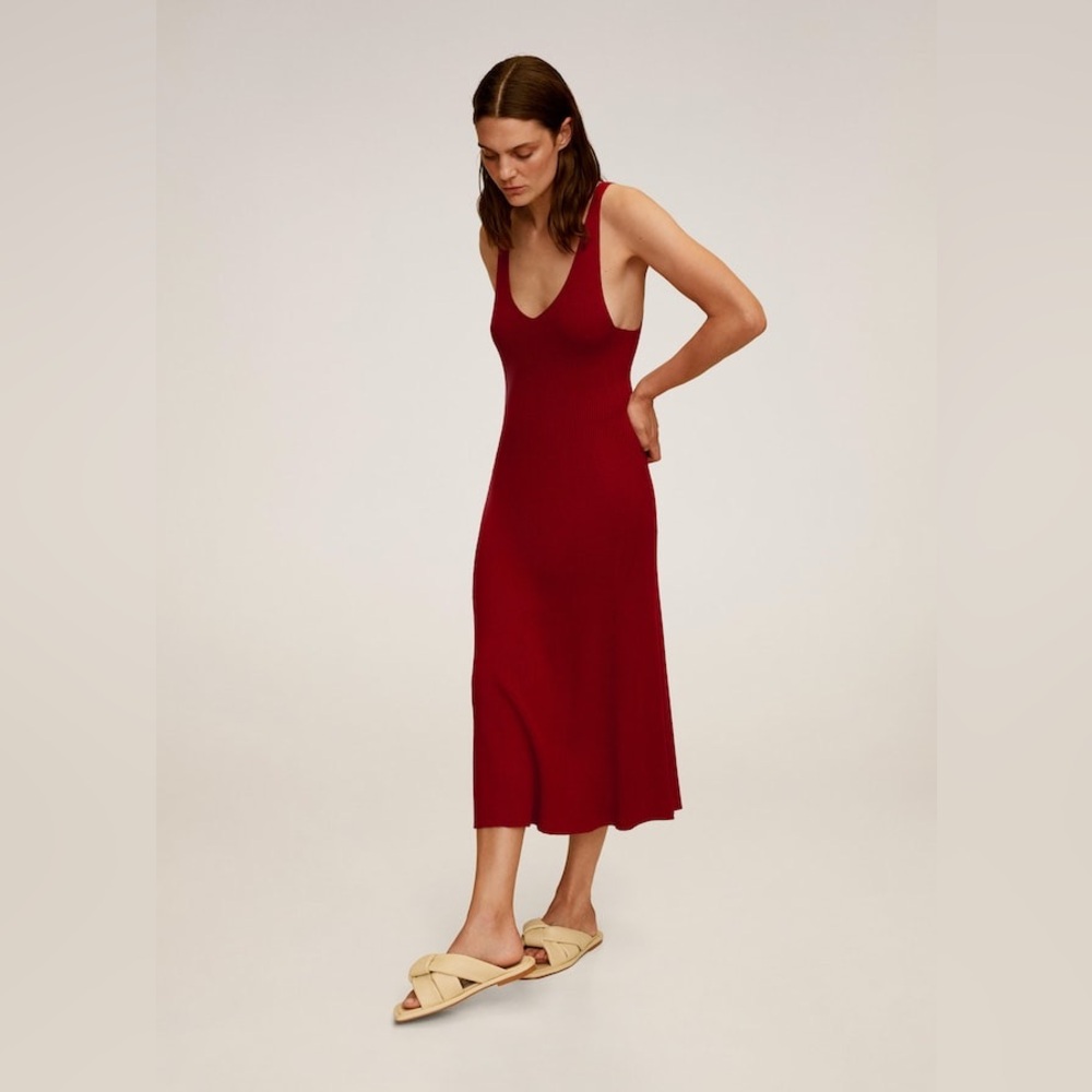 Mango Deep Red Midi knit Dress